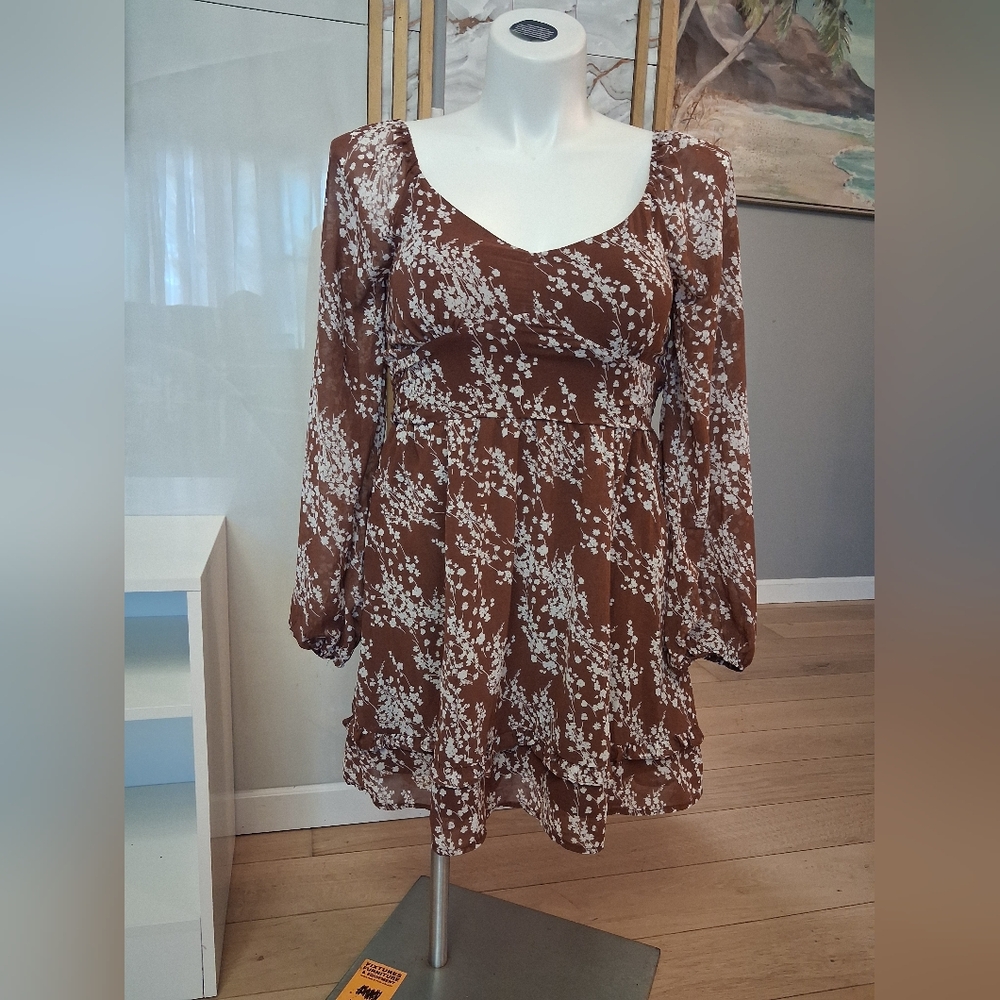 Brown Floral Long Sleeve Dress